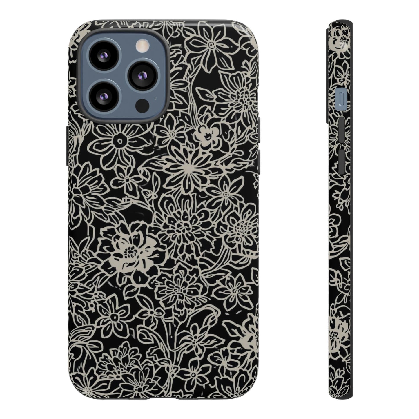 Floral Doodle Tough Phone Case — Black & White Sketch Flower Protective Cover