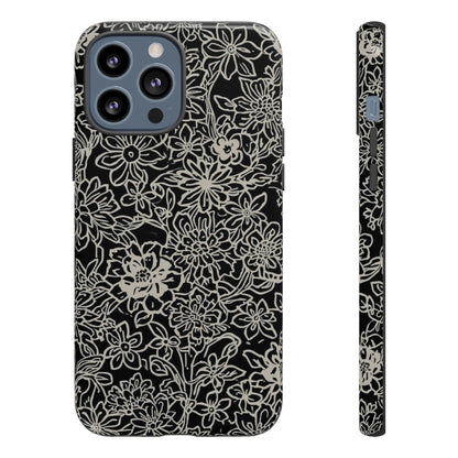 Floral Doodle Tough Phone Case — Black & White Sketch Flower Protective Cover
