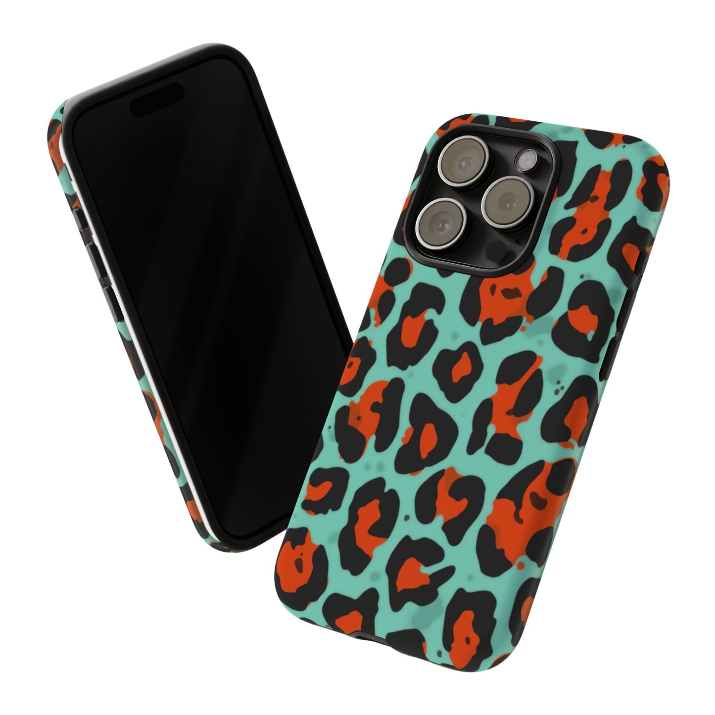 Leopard Print Tough Phone Case — Teal & Rust Protective iPhone Cover
