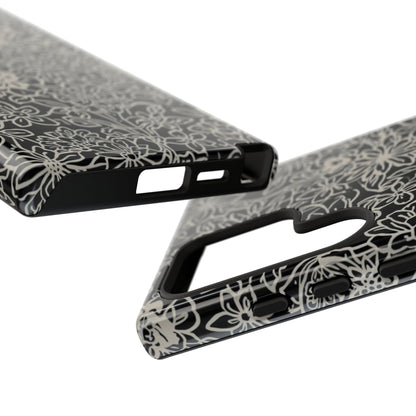 Floral Doodle Tough Phone Case — Black & White Sketch Flower Protective Cover