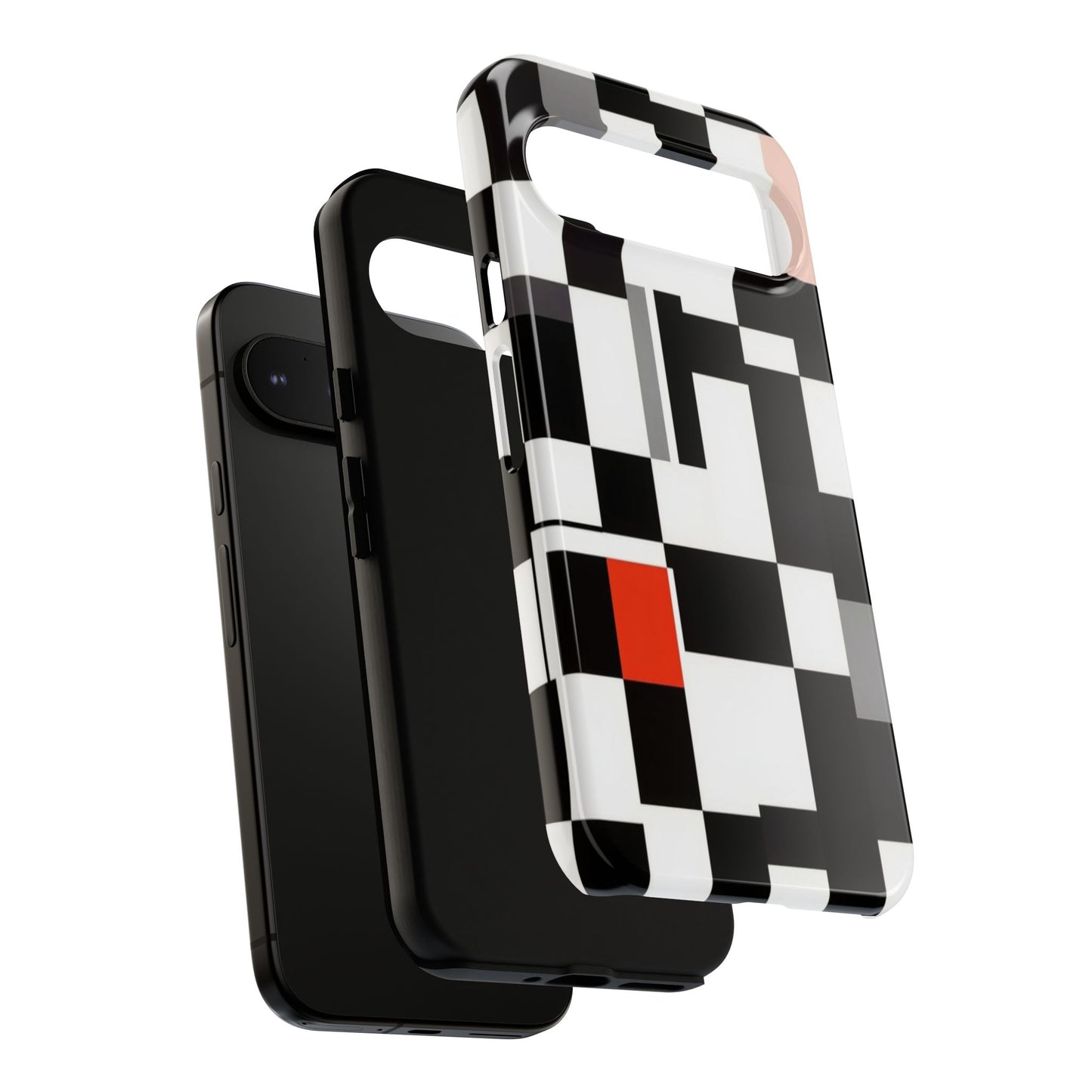 Abstract Geometric Phone Case – Black & White Checker Grid with Red Accent