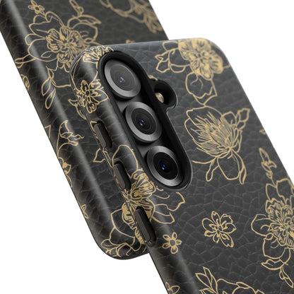 Floral Leather Phone Case — Gold Outline Flowers on Black Tough Case
