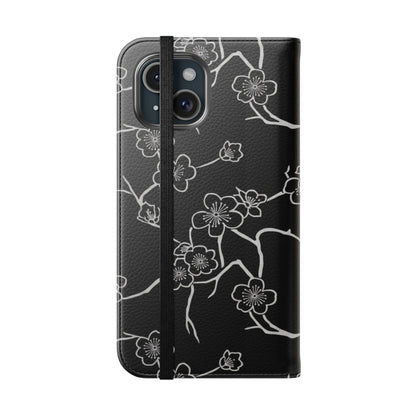 Black Cherry Blossom Flip Phone Case – Floral Wallet Flip Case with Card Slots