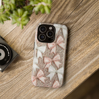 Glitter Bow Tough Phone Case — Pink & White Ribbon Protective Cover