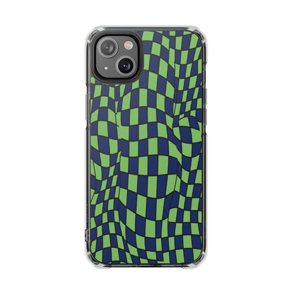 Clear Magnetic Phone Case — Green Distorted Checkerboard Design