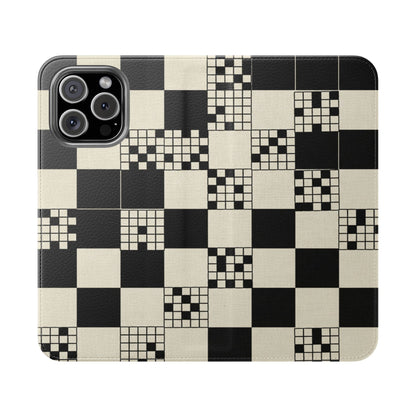 Checkerboard Flip Phone Case – Retro Black & Cream Geometric Wallet Case