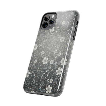 Floral Sparkle Tough Phone Case — Black & Silver Vintage Blossom