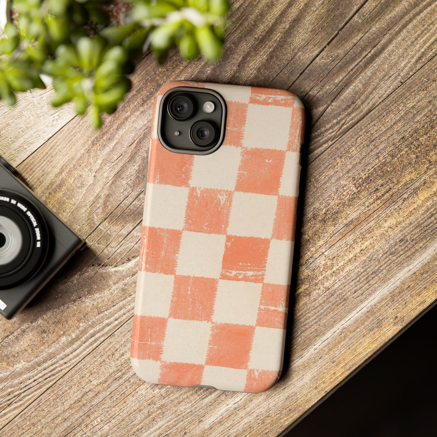 Peach Checkerboard Tough Phone Case — Retro Distressed Grid Design
