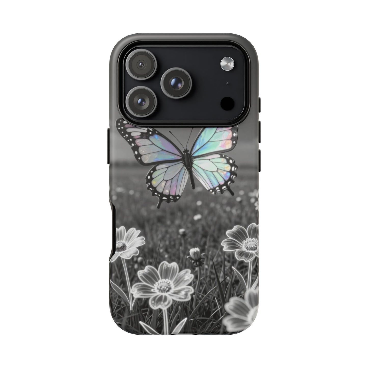 Butterfly Field Tough Phone Case — Pastel Holographic Butterfly on Black & White Floral Background