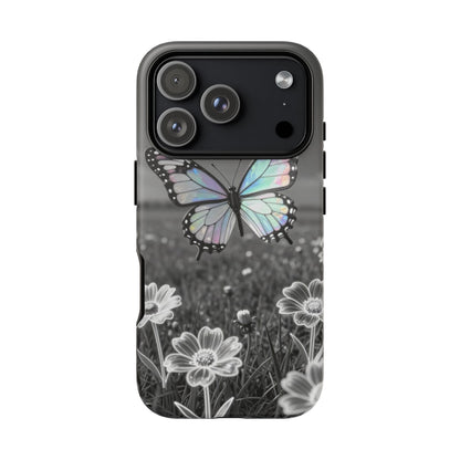 Butterfly Field Tough Phone Case — Pastel Holographic Butterfly on Black & White Floral Background