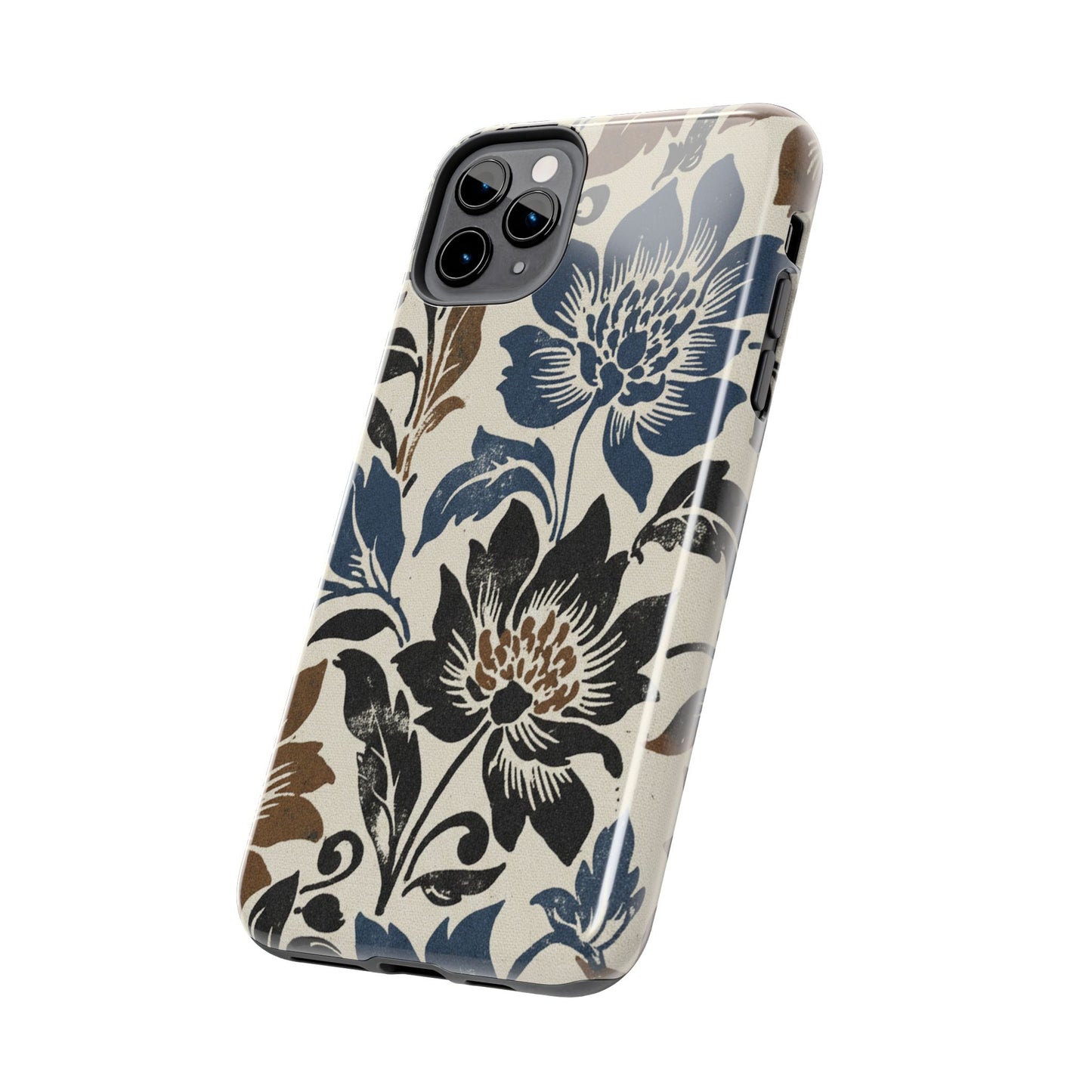 Floral Vintage Tough Phone Case — Blue & Brown Botanical Protection