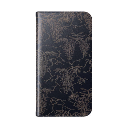 Botanical Noir Flip Phone Case — Dark Floral Wallet Cover with Card Slots
