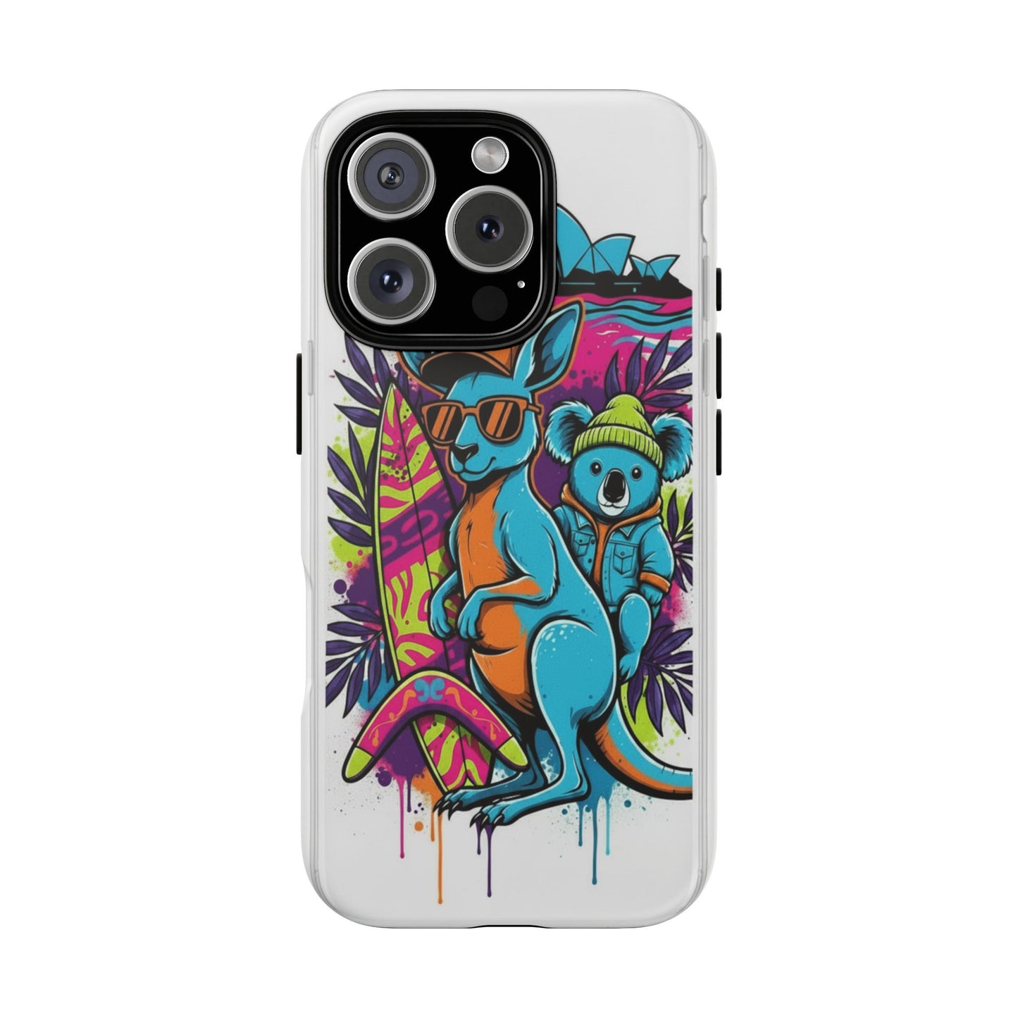 Kangaroo & Koala Surf Phone Case — Retro Neon Beach Art Tough Case