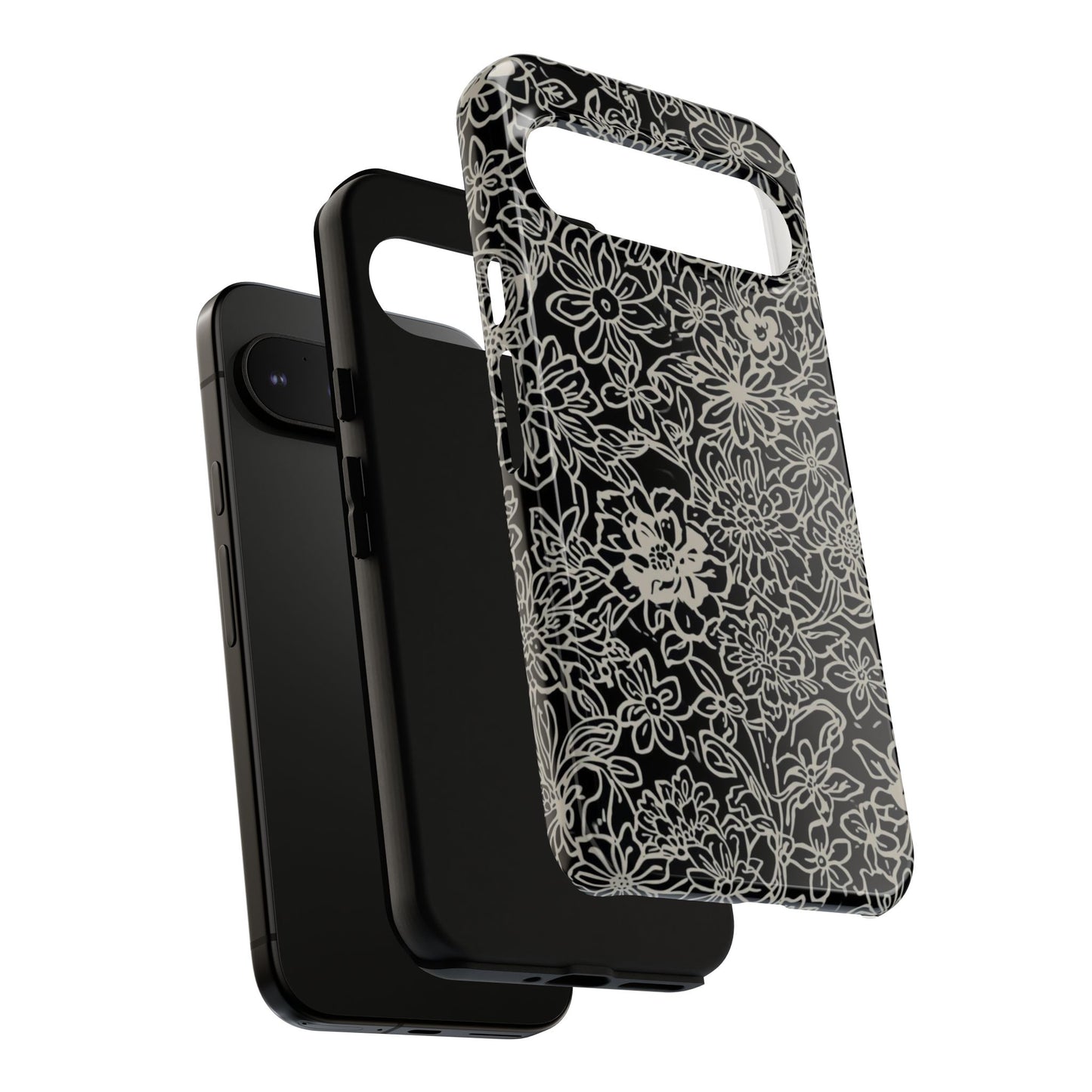 Floral Doodle Tough Phone Case — Black & White Sketch Flower Protective Cover