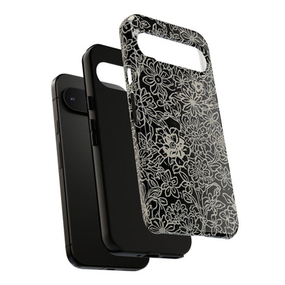 Floral Doodle Tough Phone Case — Black & White Sketch Flower Protective Cover