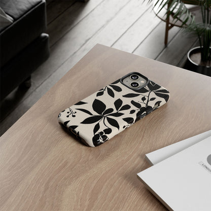 Black Floral Pattern Phone Case — Monochrome Botanical Tough Case