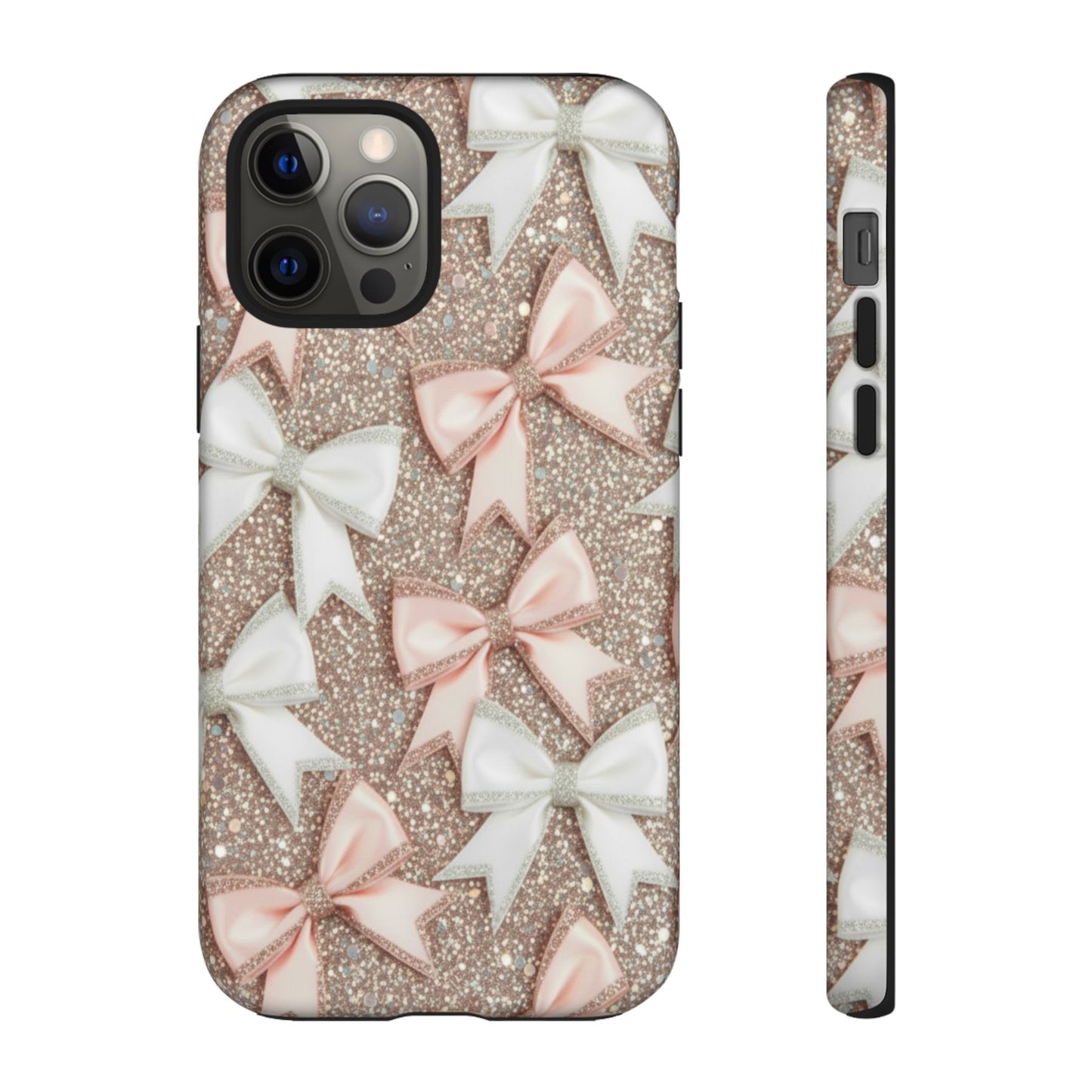 Glitter Bow Tough Phone Case — Pink & White Ribbon Protective Cover