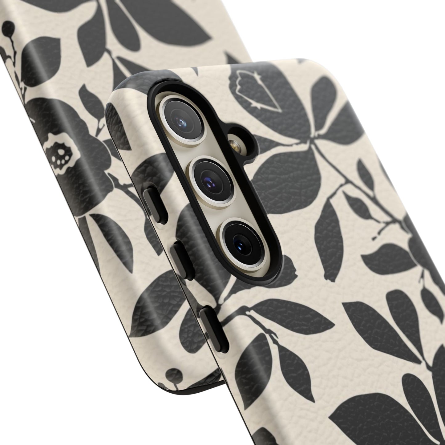 Black Floral Pattern Phone Case — Monochrome Botanical Tough Case