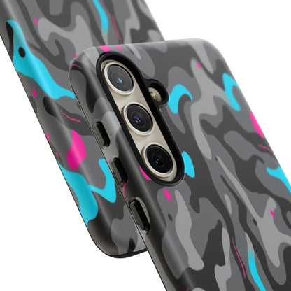 Camouflage Phone Case — Gray Camo with Neon Pink & Cyan Accent Tough Protective Cover