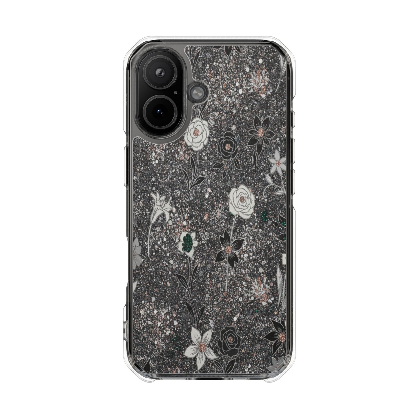 Clear Floral Glitter Magnetic Phone Case — Protective Impact Case with Rose & Daisy Design