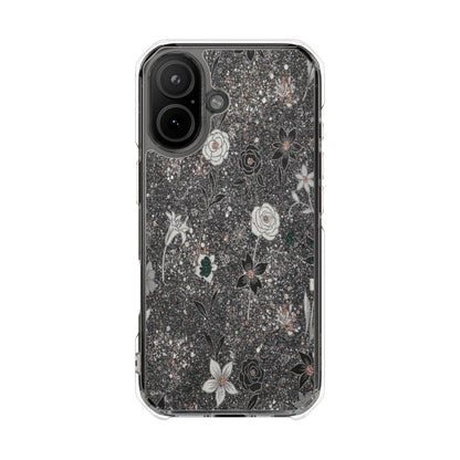 Clear Floral Glitter Magnetic Phone Case — Protective Impact Case with Rose & Daisy Design