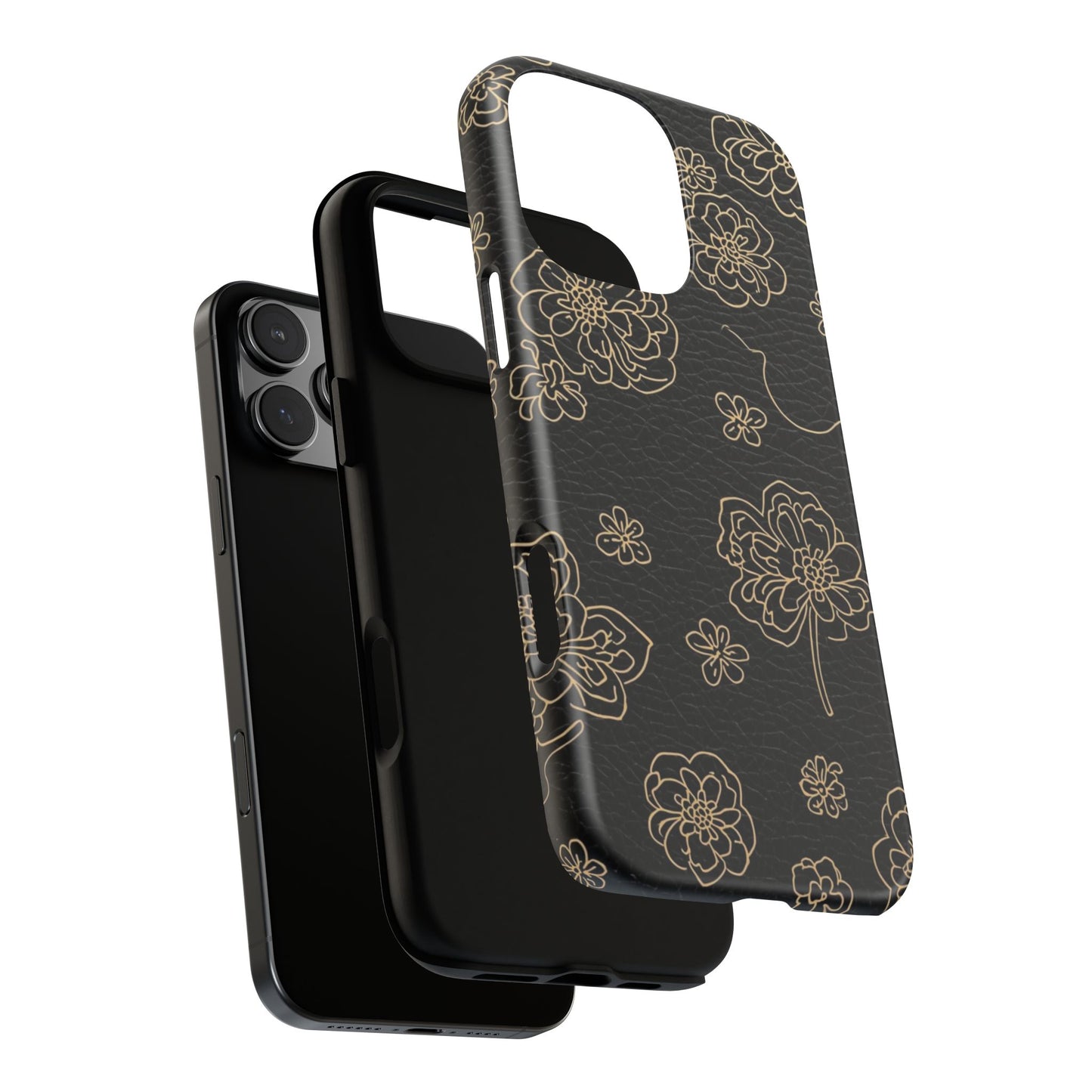 Floral Leather-Texture Tough Case – Black Gold Outline Phone Cover