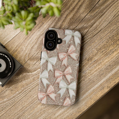 Glitter Bow Tough Phone Case — Pink & White Ribbon Protective Cover