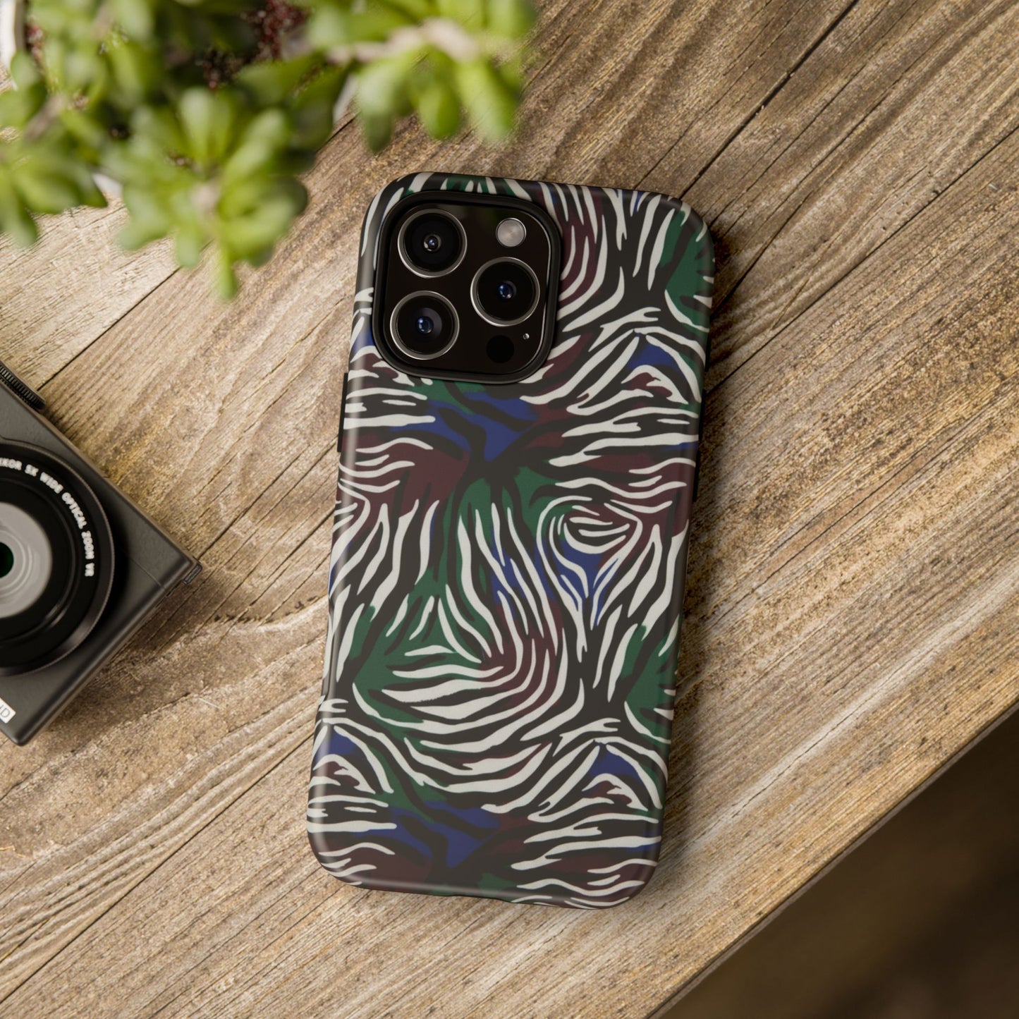 Zebra Camo Tough Phone Case – Green & Blue Animal Print Protective Cover