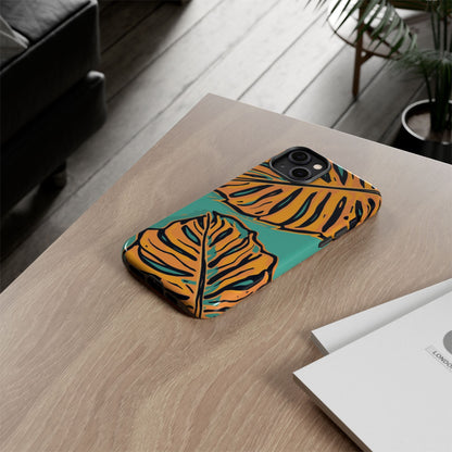 Tropical Leaf Tough Phone Case — Orange Monstera Design on Teal