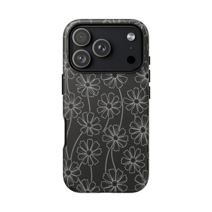 Floral Doodle Tough Phone Case — Black & Gray Daisy Pattern