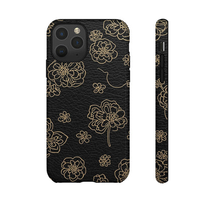 Floral Leather-Texture Tough Case – Black Gold Outline Phone Cover
