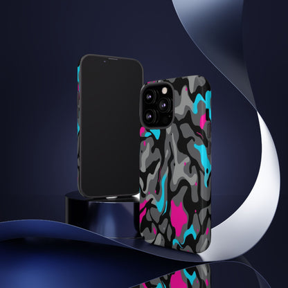 Camouflage Phone Case — Gray Camo with Neon Pink & Cyan Accent Tough Protective Cover