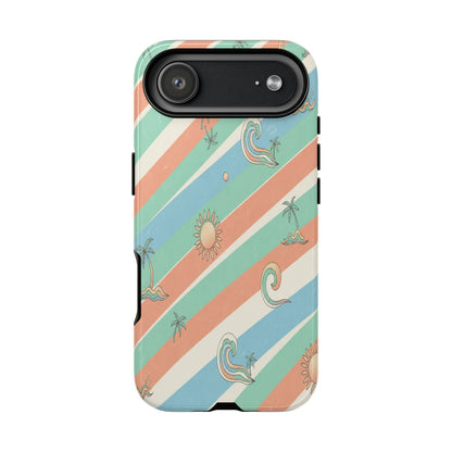 Retro Beach Stripes Phone Case — Sun, Waves & Palm Pattern Tough Case