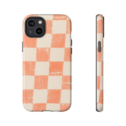 Peach Checkerboard Tough Phone Case — Retro Distressed Grid Design