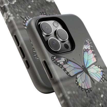 Butterfly Field Tough Phone Case — Pastel Holographic Butterfly on Black & White Floral Background