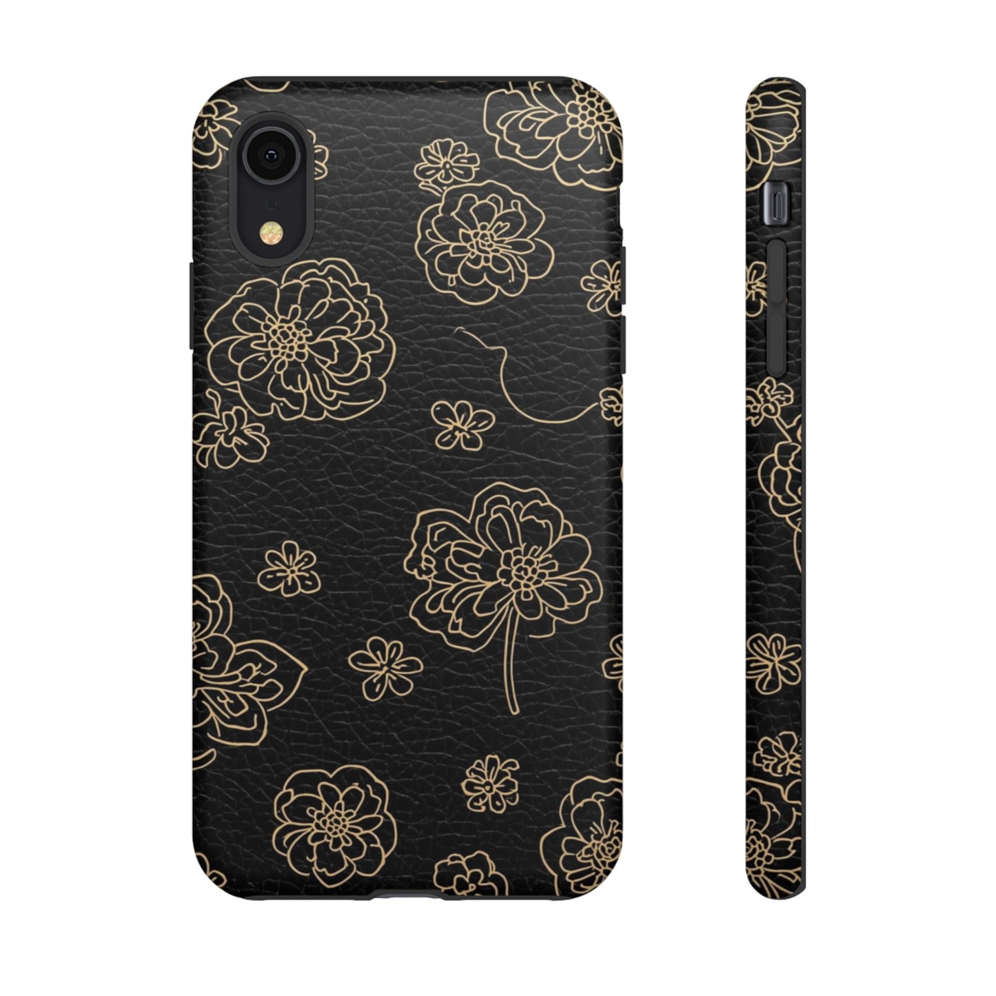 Floral Leather-Texture Tough Case – Black Gold Outline Phone Cover