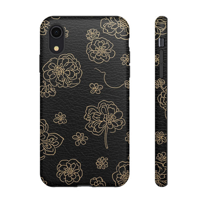 Floral Leather-Texture Tough Case – Black Gold Outline Phone Cover