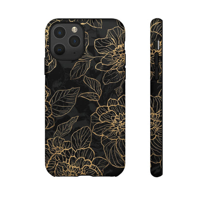 Floral Gold Outline Tough Phone Case – Black Botanical Protective Cover