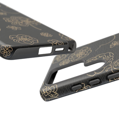 Floral Leather-Texture Tough Case – Black Gold Outline Phone Cover