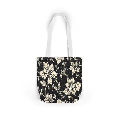Vintage Floral Canvas Tote Bag – Black & Cream Flower Pattern with Contrast Straps