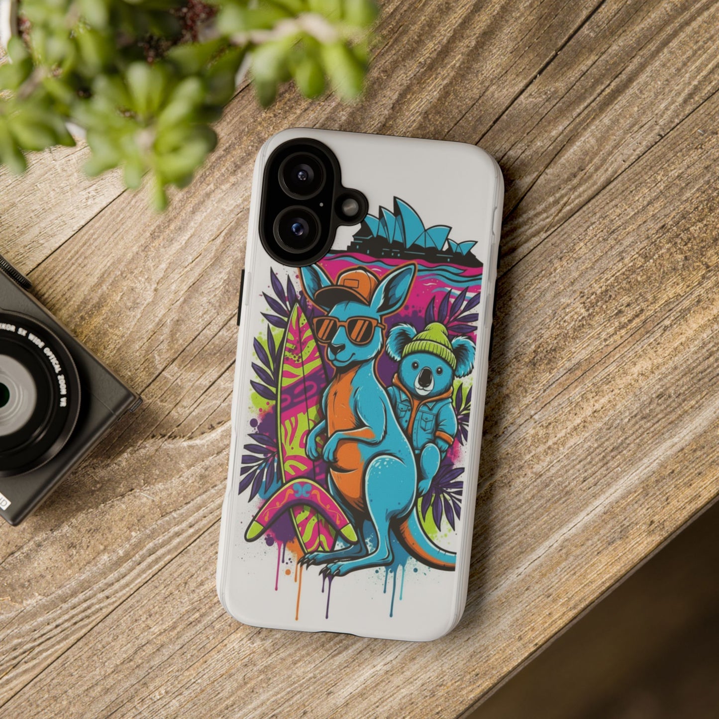 Kangaroo & Koala Surf Phone Case — Retro Neon Beach Art Tough Case
