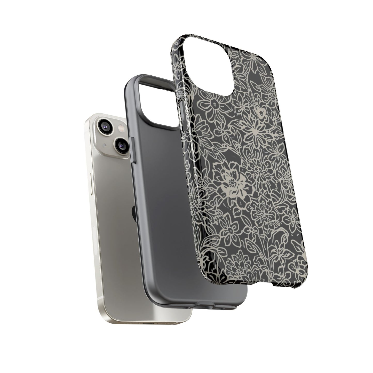 Floral Doodle Tough Phone Case — Black & White Sketch Flower Protective Cover