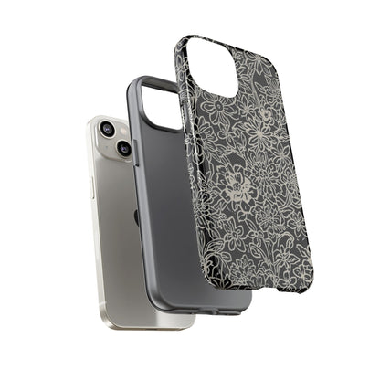 Floral Doodle Tough Phone Case — Black & White Sketch Flower Protective Cover
