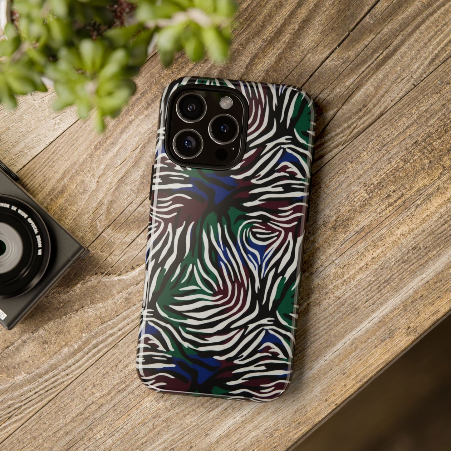 Zebra Camo Tough Phone Case – Green & Blue Animal Print Protective Cover