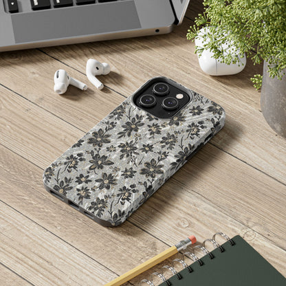 Floral Vintage Tough Phone Case — Black & Gray Rustic Flower Protective Case