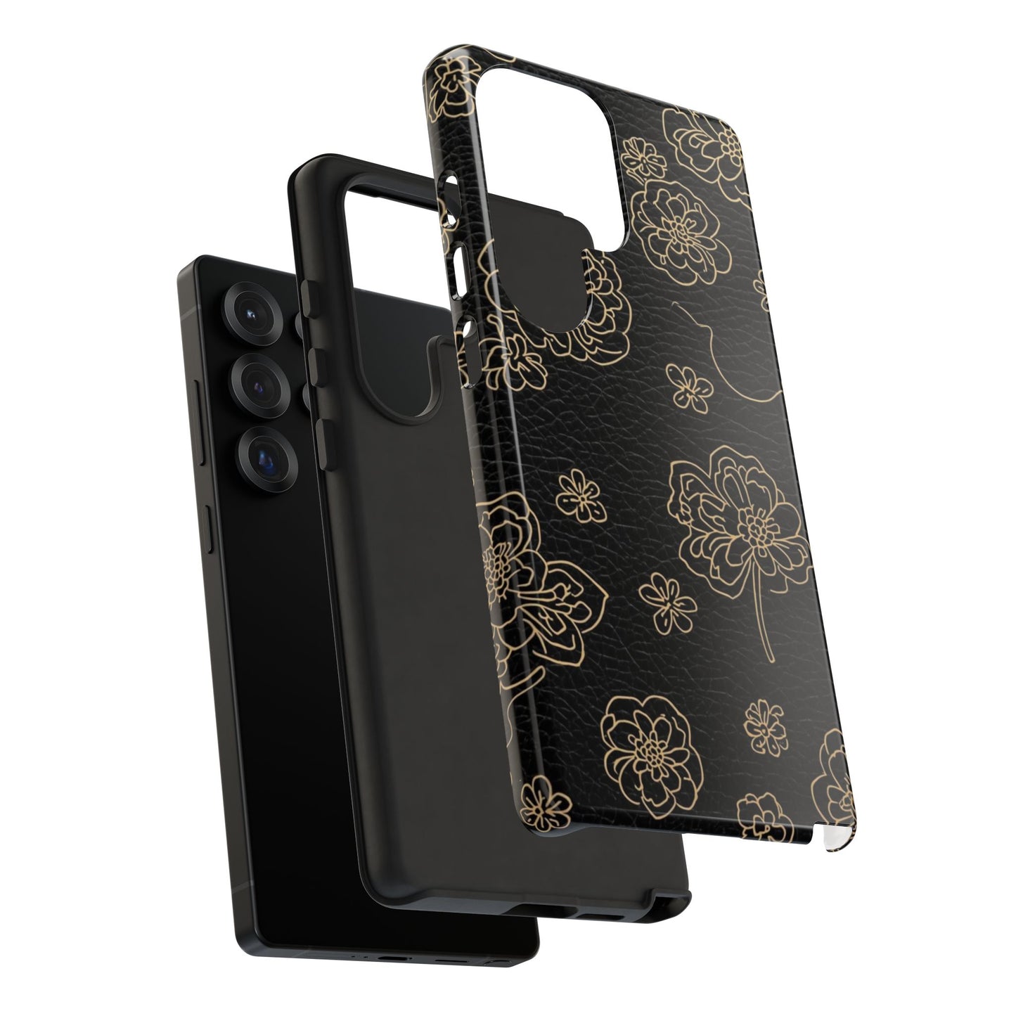 Floral Leather-Texture Tough Case – Black Gold Outline Phone Cover