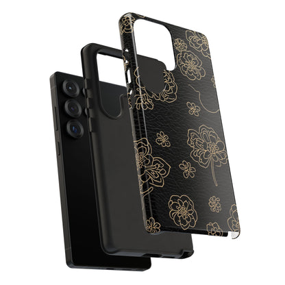 Floral Leather-Texture Tough Case – Black Gold Outline Phone Cover