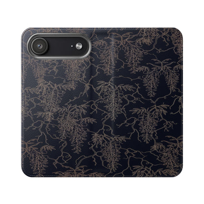 Botanical Noir Flip Phone Case — Dark Floral Wallet Cover with Card Slots