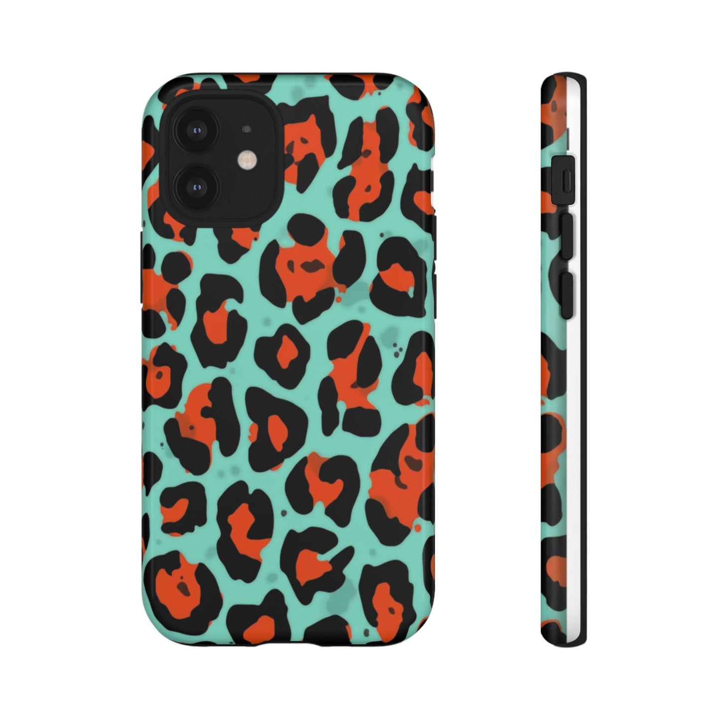 Leopard Print Tough Phone Case — Teal & Rust Protective iPhone Cover