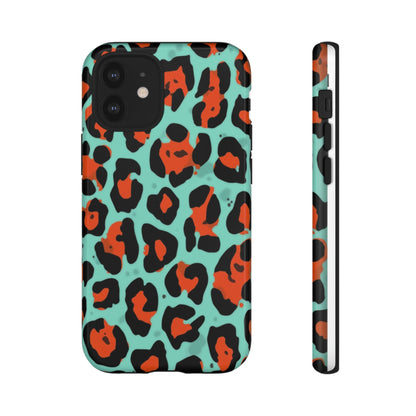 Leopard Print Tough Phone Case — Teal & Rust Protective iPhone Cover